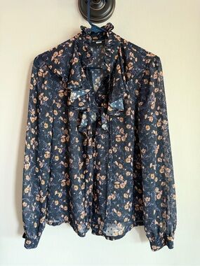 Jill Jill Stuart Womens 6 Navy Blue Floral Ruffle‎ Neck Swiss Dot Chiffon Blouse